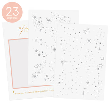 Shine bright in the twinkle inspired Fairy Dust pack full of celestial metallic silver tattoo designs. #FLASHTAT @FlashTattoos